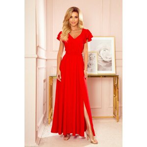 LIDIA - Dlouhé červené dámské šaty s volánky a dekoltem 310-2 S