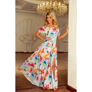 Dlouhé dámské šaty se vzorem barevných malovaných květů a s výstřihem ve španělském stylu model 6059209 M