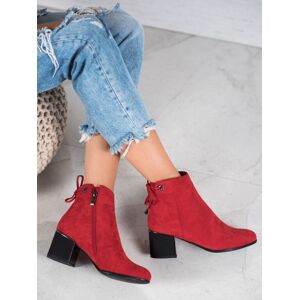 Jedinečné dámské červené  kotníčkové boty na širokém podpatku 40
