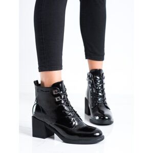 Stylové dámské černé  kotníčkové boty na širokém podpatku 40