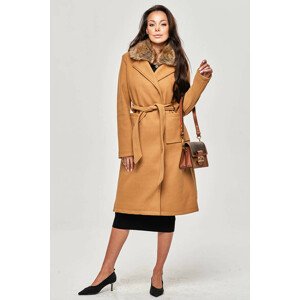 Karamelový dámský kabát s kožíškem (SASKIA) Hnědá S (36)
