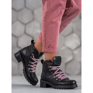 Designové černé dámské  kotníčkové boty na širokém podpatku 38