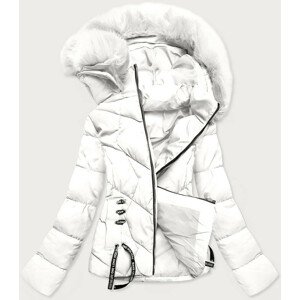 Krátká bílá dámská zimní bunda s kapucí (H1021-82) biały S (36)
