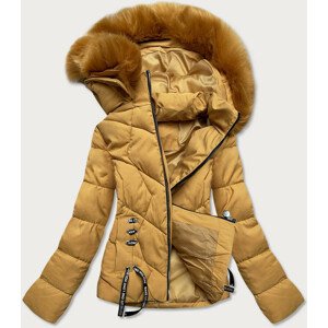 Krátká žlutá dámská zimní bunda s kapucí (H1021-80) Žlutá XXL (44)