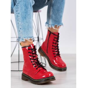 Krásné  kotníčkové boty červené dámské na plochém podpatku 36