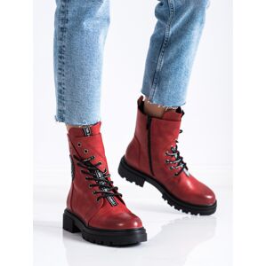 Trendy červené dámské  kotníčkové boty na plochém podpatku 36