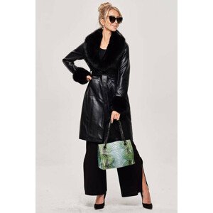 Černý dámský kožený kabát s kožešinovým límcem (OMDL-021) černá S (36)