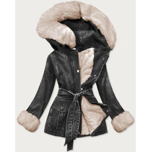 Černo-béžová dámská džínová bunda s kožešinovou podšívkou (9026#) czarny XL (42)