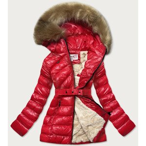 Lesklá červená zimní bunda s mechovitým kožíškem (W674) Červená S (36)
