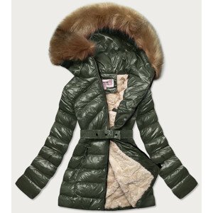 Lesklá zimní bunda v khaki barvě s mechovitým kožíškem (W674) khaki S (36)