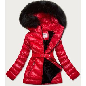 Červená lesklá zimní bunda s mechovitým kožíškem (W673) Červená S (36)