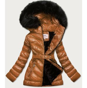 Lesklá zimní bunda v karamelové barvě s mechovitým kožíškem (W673) brązowy M (38)