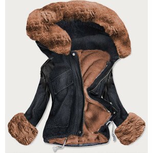 Černo-hnědá dámská džínová bunda s kožešinovou podšívkou (9023#) Hnědá XL (42)
