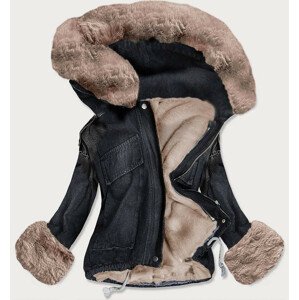 Černo-béžová dámská džínová bunda s kožešinovou podšívkou (9023#) Béžová XL (42)