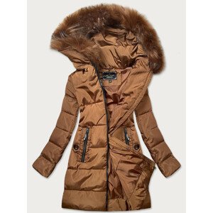Dámská prošívaná zimní bunda v karamelové barvě s kapucí (7756)