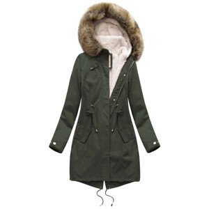 Dámská zimní bunda parka v army barvě s podšívkou a kapucí (7626)