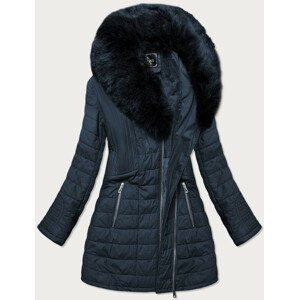 Tmavě modrý dámský zimní kabát s kožešinou (LD5520BIG) tmavě modrá 50