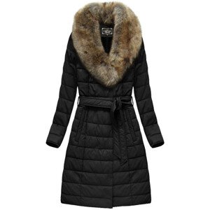 Černý dámský kabát z eko kůže s kožešinou (5528BIG) černá 52