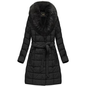Černý dámský kabát z eko kůže s kožešinou (5527BIG) černá 52