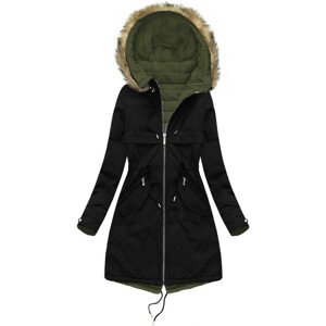 Černo-khaki oboustranná dámská zimní bunda s kapucí (W212) khaki S (36)