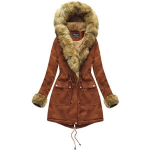 Bavlněná dámská zimní bunda v karamelové barvě s kožešinou (XW805X) Hnědá S (36)