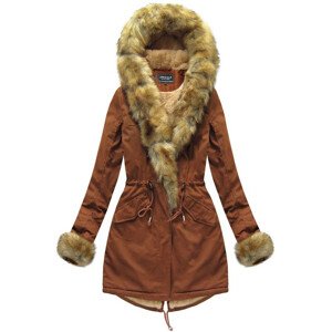 Bavlněná dámská zimní bunda parka v karamelové barvě s kožešinou (XW793X) Hnědá S (36)