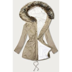 Béžová dámská zimní bunda parka s mechovitým kožíškem a kapucí (7602BIG) Béžová 52
