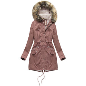 Dámská zimní bunda parka ve starorůžové barvě s mechovitým kožíškem a kapucí (7602BIG) Růžová 52