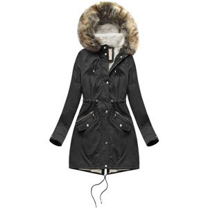 Černá dámská zimní bunda parka s mechovitým kožíškem a kapucí (7602BIG) černá 46