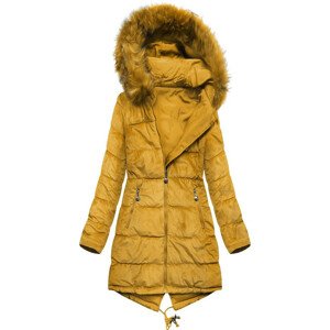 Oboustranná dámská velurová zimní bunda parka v hořčicové barvě (7911) Žlutá XL (42)