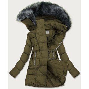Dámská prošívaná zimní bunda v khaki barvě s kapucí (17-032) khaki XL (42)