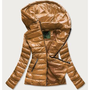 Krátká prošívaná dámská bunda v hořčicové barvě s kapucí (CAN-333) odcienie brązu L (40)