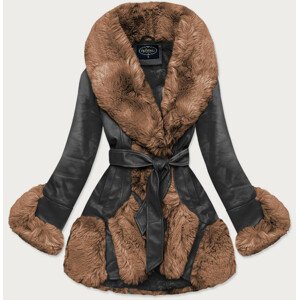 Černo-hnědá elegantní kožená bunda s kožešinovým límcem (FL202018) černá S (36)