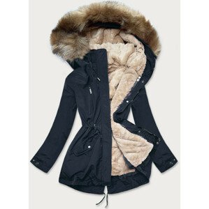 Tmavě modro-světle béžová dámská zimní bunda mechovitým kožíškem (W553) Béžová S (36)