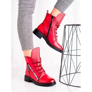 Jedinečné červené  kotníčkové boty dámské na plochém podpatku 39