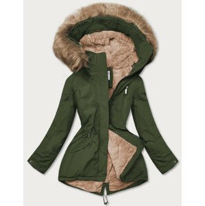 Khaki-béžová dámská zimní bunda s kožešinovou podšívkou (W558BIG) Béžová 48