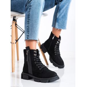 Trendy černé  kotníčkové boty dámské na plochém podpatku 41