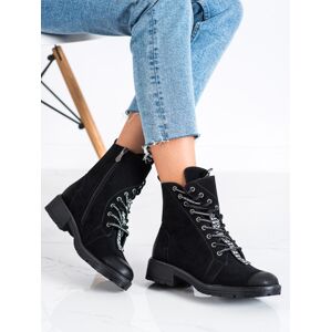 Designové černé  kotníčkové boty dámské na plochém podpatku 36