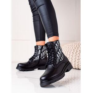 Designové dámské černé  kotníčkové boty na plochém podpatku 36