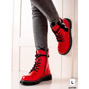 Stylové červené dámské  kotníčkové boty na plochém podpatku 36