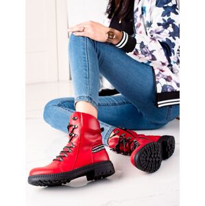 Moderní dámské červené  kotníčkové boty na plochém podpatku 36
