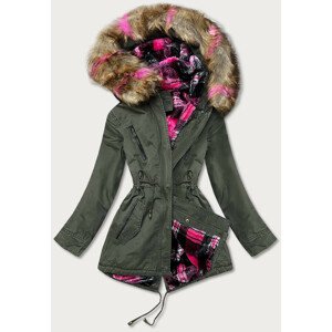 Khaki-růžová dámská zimní bunda parka s kapucí (D-238#) khaki XL (42)