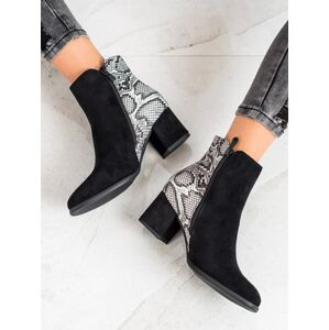 Designové dámské  kotníčkové boty černé na širokém podpatku 36