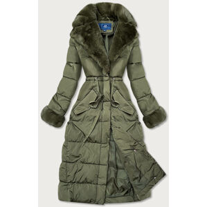 Dlouhá zimní bunda v khaki barvě s kožešinovým límcem (J9-071) khaki M (38)