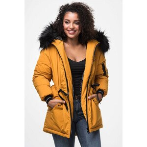 Delší dámská zimní bunda v hořčicové barvě s kapucí (M8-757) Žlutá S (36)