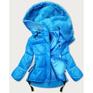 Krátká světle modrá dámská zimní bunda s kapucí (JIN211) modrá XL (42)