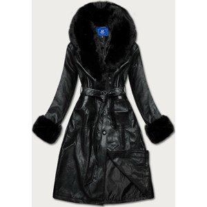 Černý dámský kožený kabát s kožešinovým límcem (OMDL-021) černá S (36)