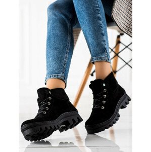 Designové  kotníčkové boty dámské černé na plochém podpatku 36