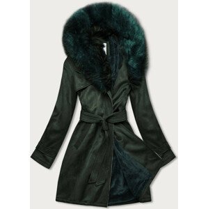 Dámský zimní semišový kabát v lahvově zelené barvě s páskem (6515) zelená S (36)
