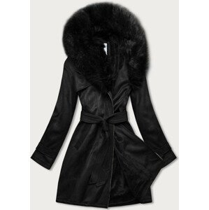 Černý dámský zimní semišový kabát s páskem (6515) černá XXL (44)